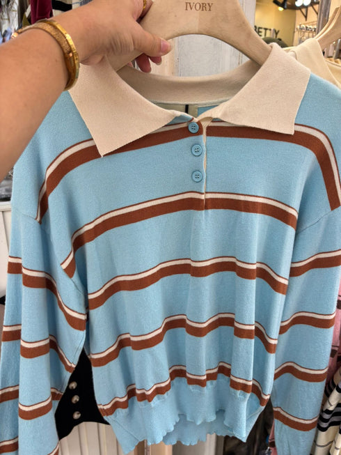 Knitted Collar Down Stripes Sweaters